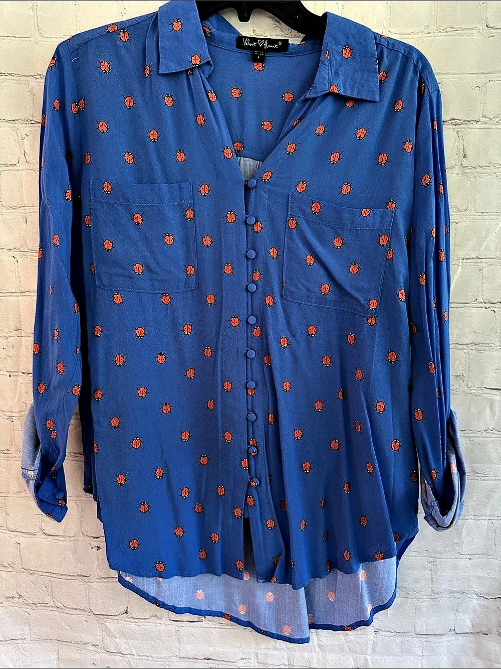 Velvet Heart Ladybug Print Button Down Blue & Red Size Large